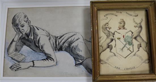 Kathleen Guthrie, sketch of a boy reading and a 19th century watercolour armorial, sketch 25 x 49cm